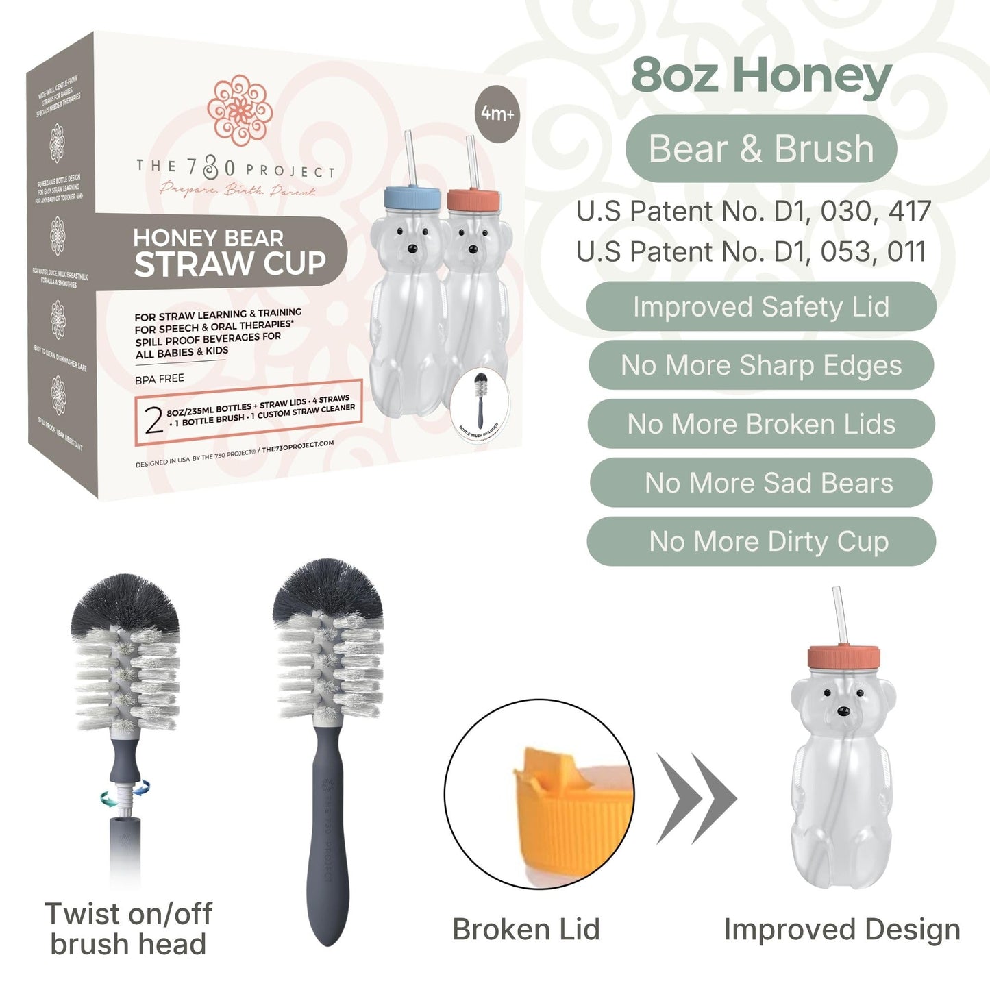 The 730 Project Honey Bear - Taza de paja para bebés, 8 onzas con cepillo para polvo para botella, paquete de 2 tapas mejoradas, terapia de aprendizaje de oso de miel para pastel de arándanos y