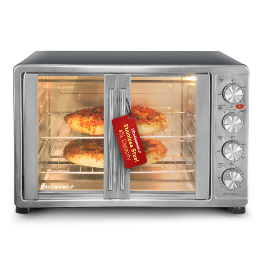 Elite Gourmet - Horno tostador de convección ETO4510B# con doble puerta francesa, 4 mandos, encimera, horno tostador para hornear, asar tostadas, mantener caliente, 18 rebanadas, 14 pulgadas, incluye 2 estantes, 45 L, acero inoxidable y gris