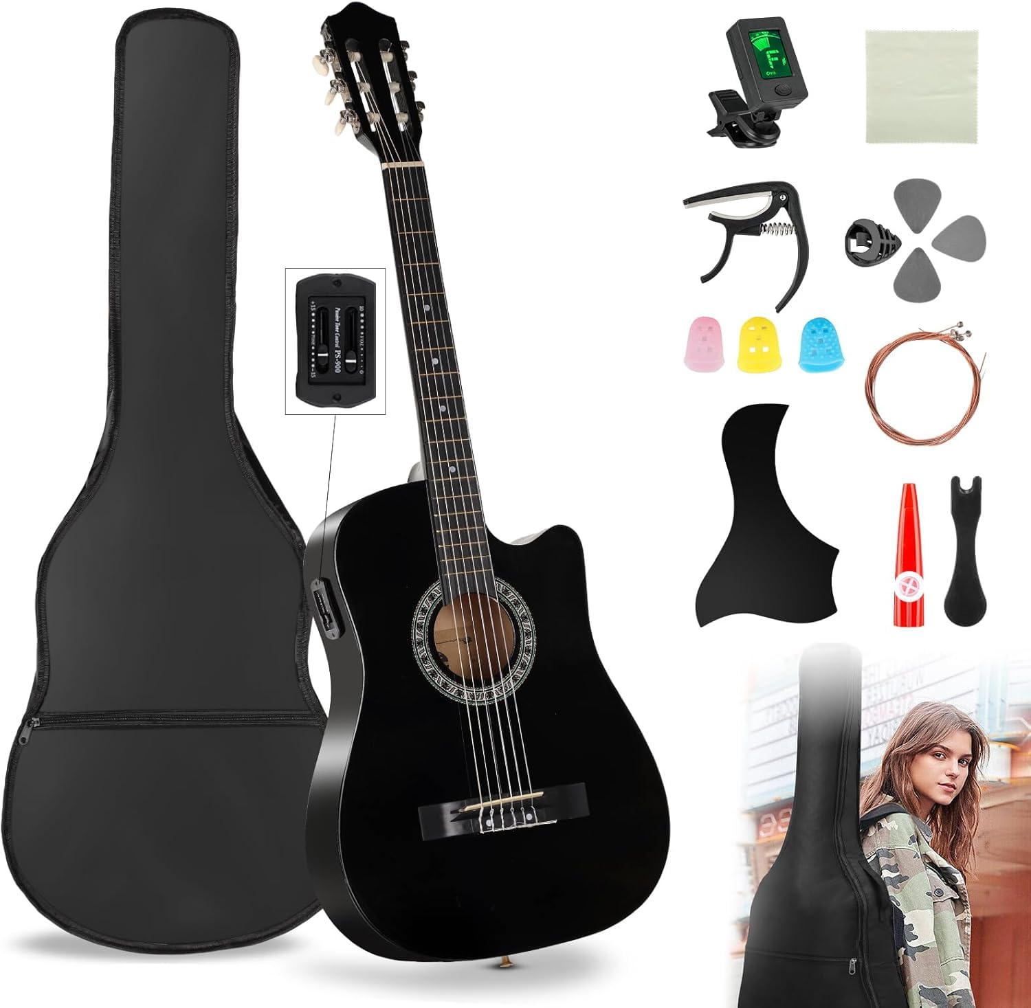 Guitarra Electrica Acustica 38", 6 Cuerdas de Metal, Cuerpo de Madera de Tilo, con Ecualizador de 4 Bandas, Incluye Funda, Afinador, Cuerdas de Repuesto y Más, Adecuada para Expertos y Principiantes