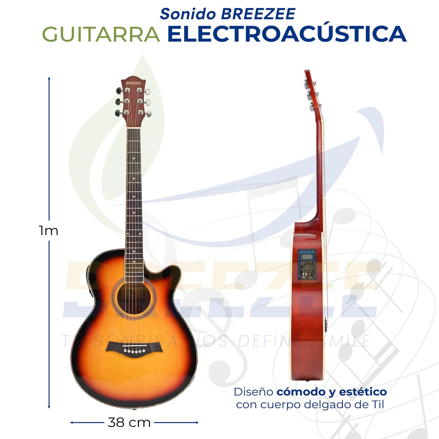 BREEZEE Guitarra Electroacústica de 40” Diseñada sobre Abeto, Merbau, Okume y Palisandro. Acabado de Barniz en Pulverización, Incluye Set de Accesorios Completo para Principiante