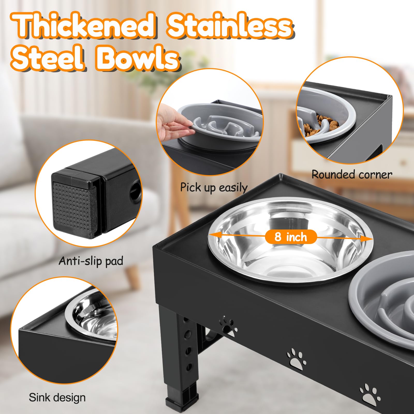 LAKIPETN Cuencos elevados para perros con alimentador lento y 2 cuencos de acero inoxidable, soporte elevado ajustable de 5 alturas, comedero antideslizante para perros que se ajusta a