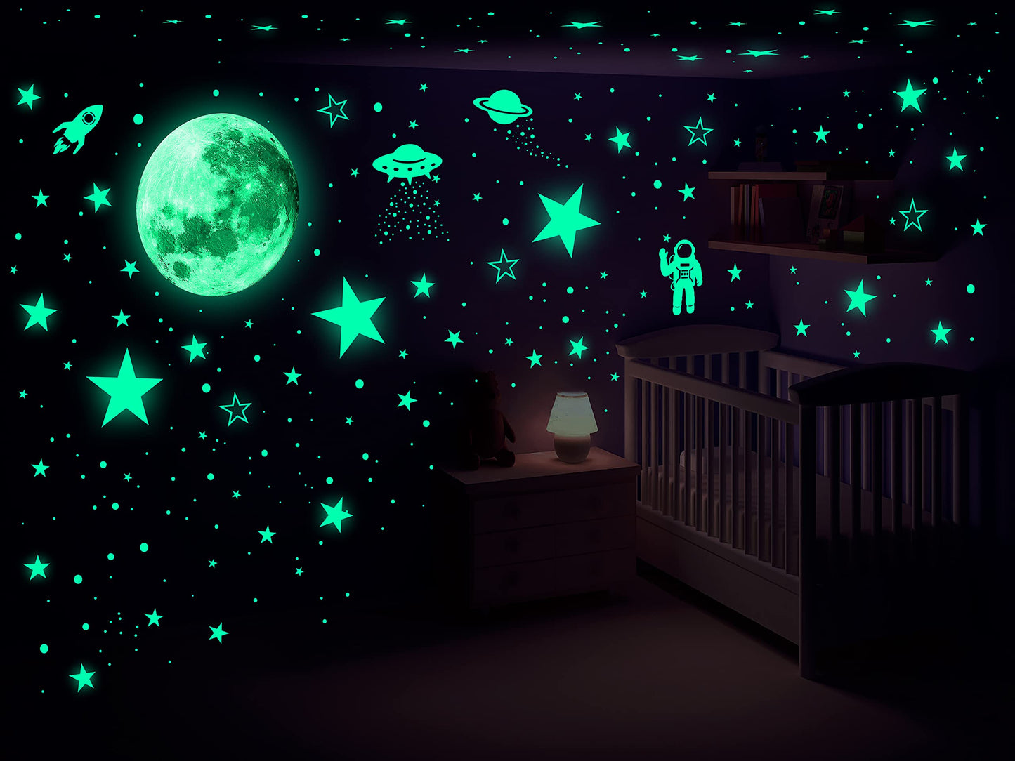 1078 piezas de estrellas que brillan en la oscuridad para planetas de techo, galaxia, espacial, guardería, pegatinas de pared, cohete, astronauta, decoración de habitación de niños y niños