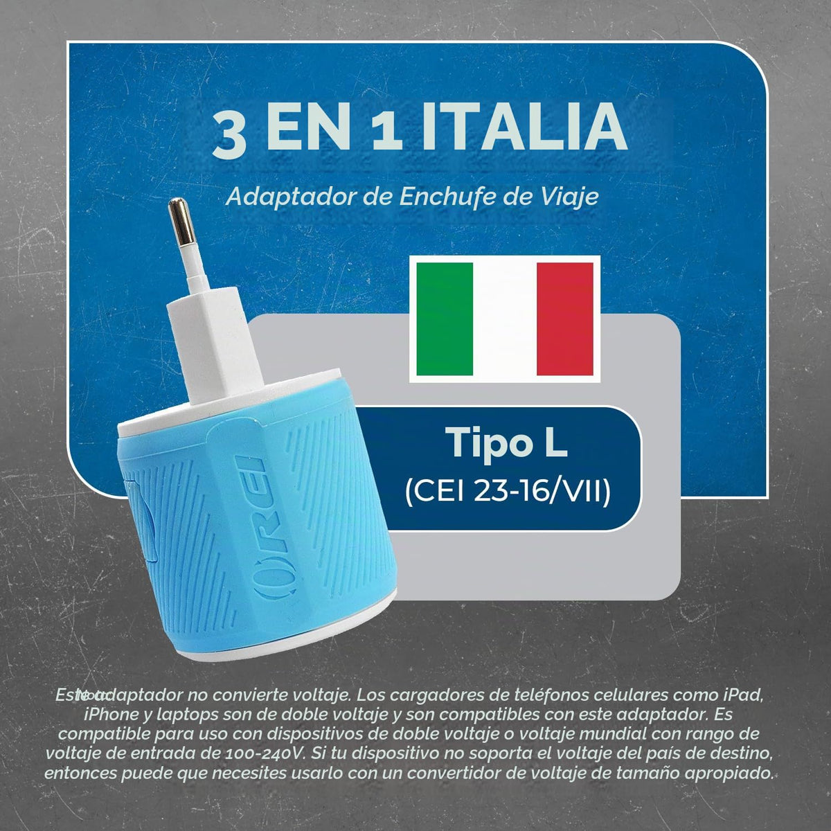 Adaptador de Enchufe de Viaje Orei Azul con Protección USB Dual Tipo L para Italia