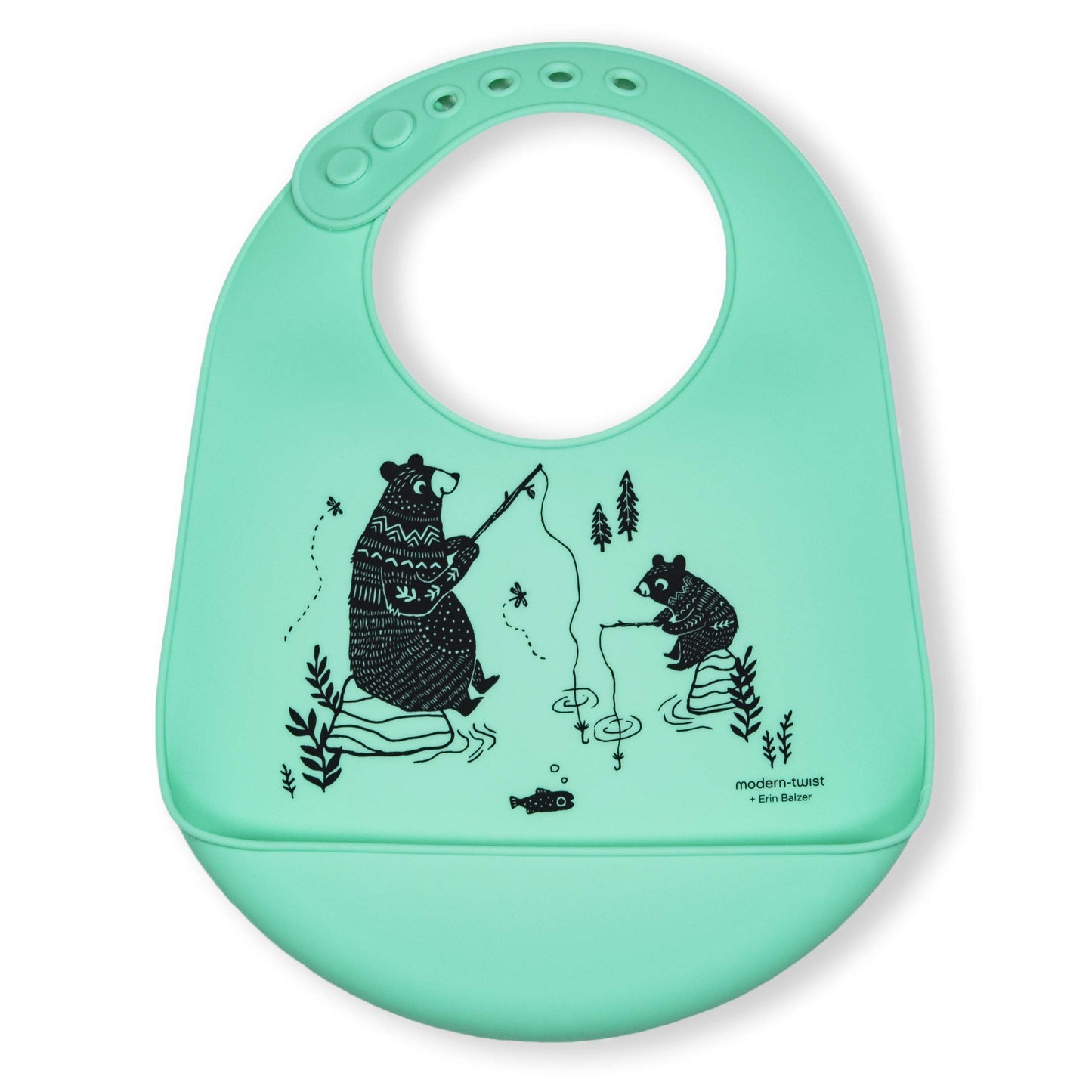 Babero moderno Twist 100% silicona de grado alimenticio, impermeable y reutilizable, Bear Family, verde menta