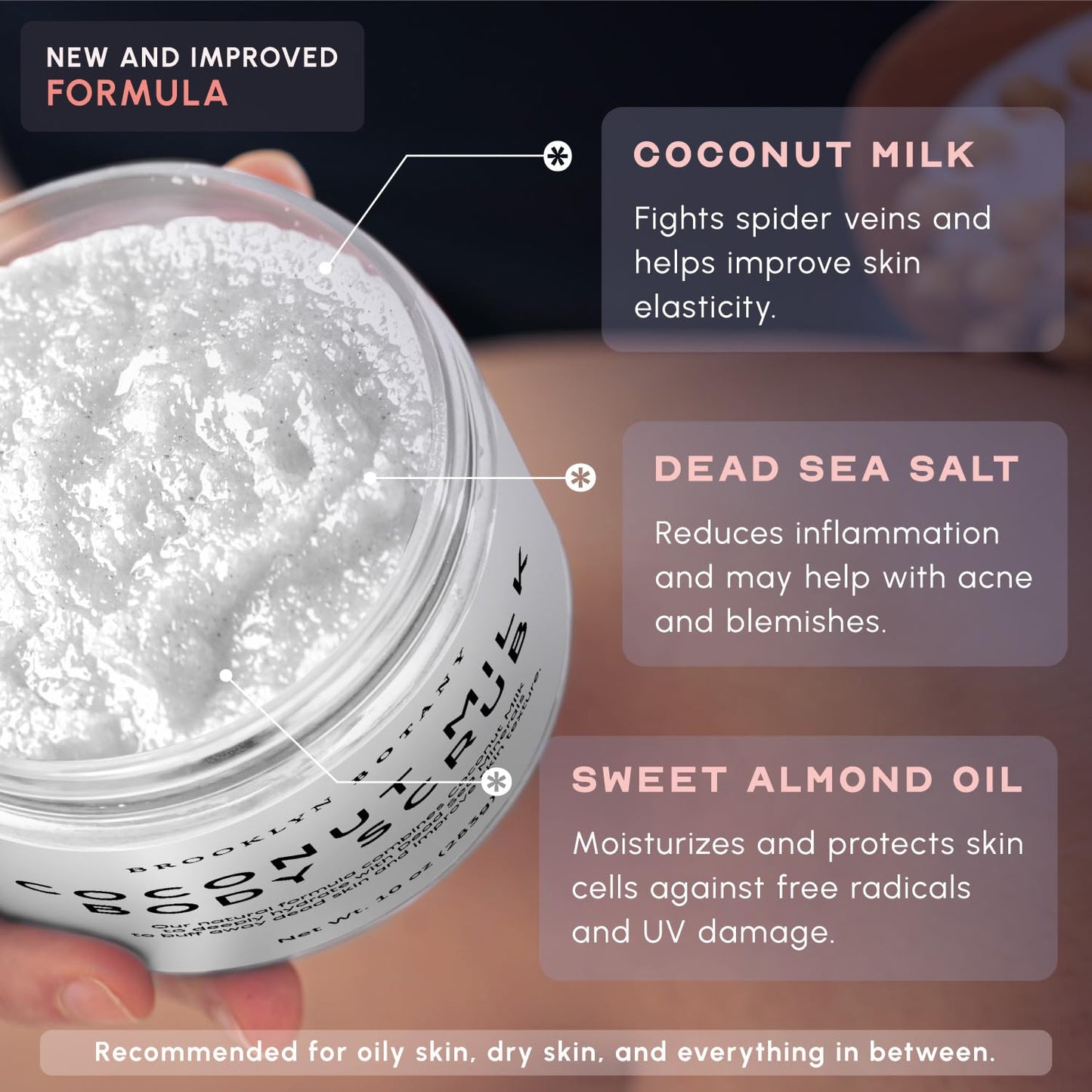 Brooklyn Botany - Exfoliante corporal con leche de coco, 100% natural, anticelulítico, exfoliante corporal con sal del Mar Muerto y aceites esenciales, 10 onzas
