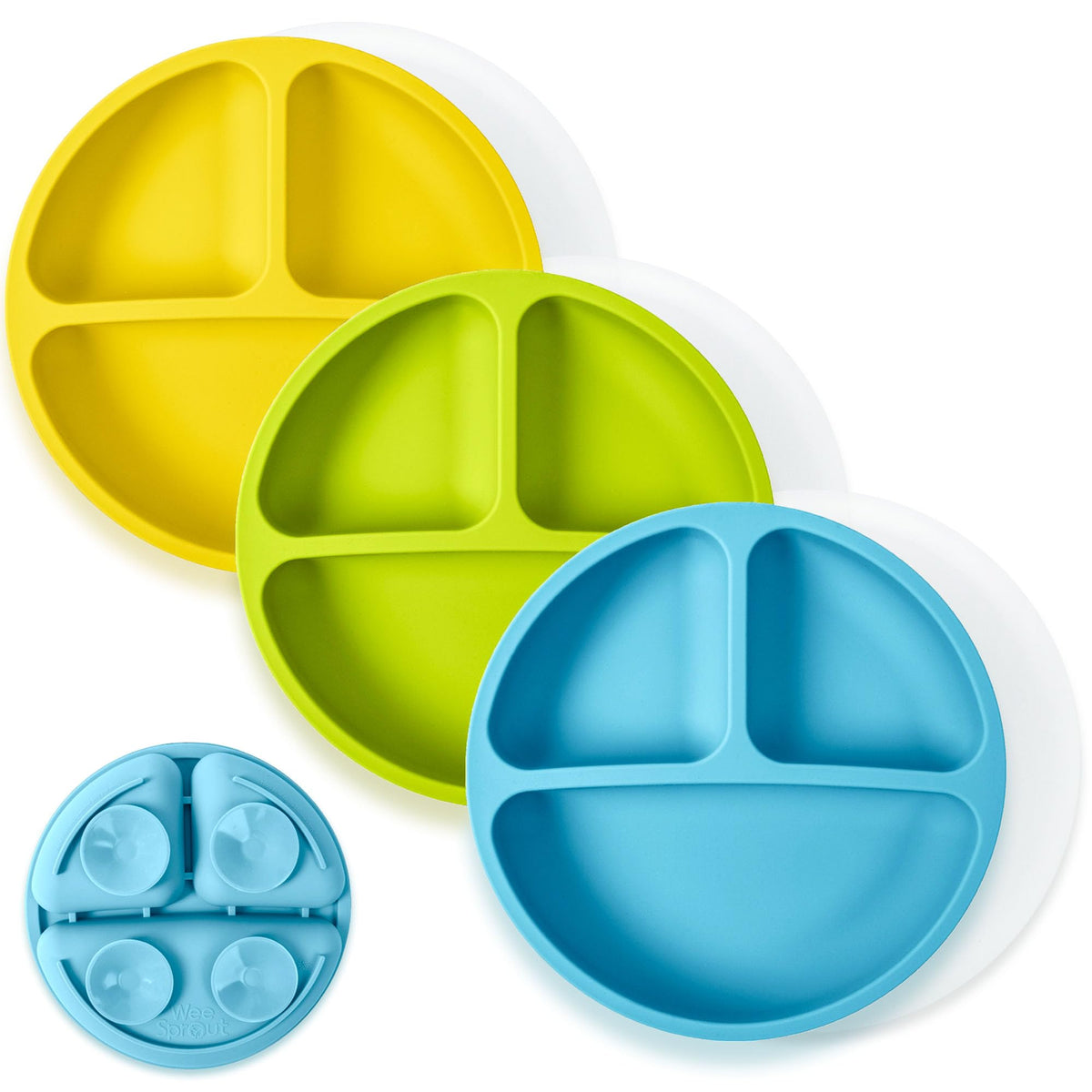 Tion Plates with Lids for Babies & Toddlers - 100% Silicone, Dinnerware Stays Put, Divided Design for Picky Eaters, Microwave & Dishwasher Friendly, 3 Pack