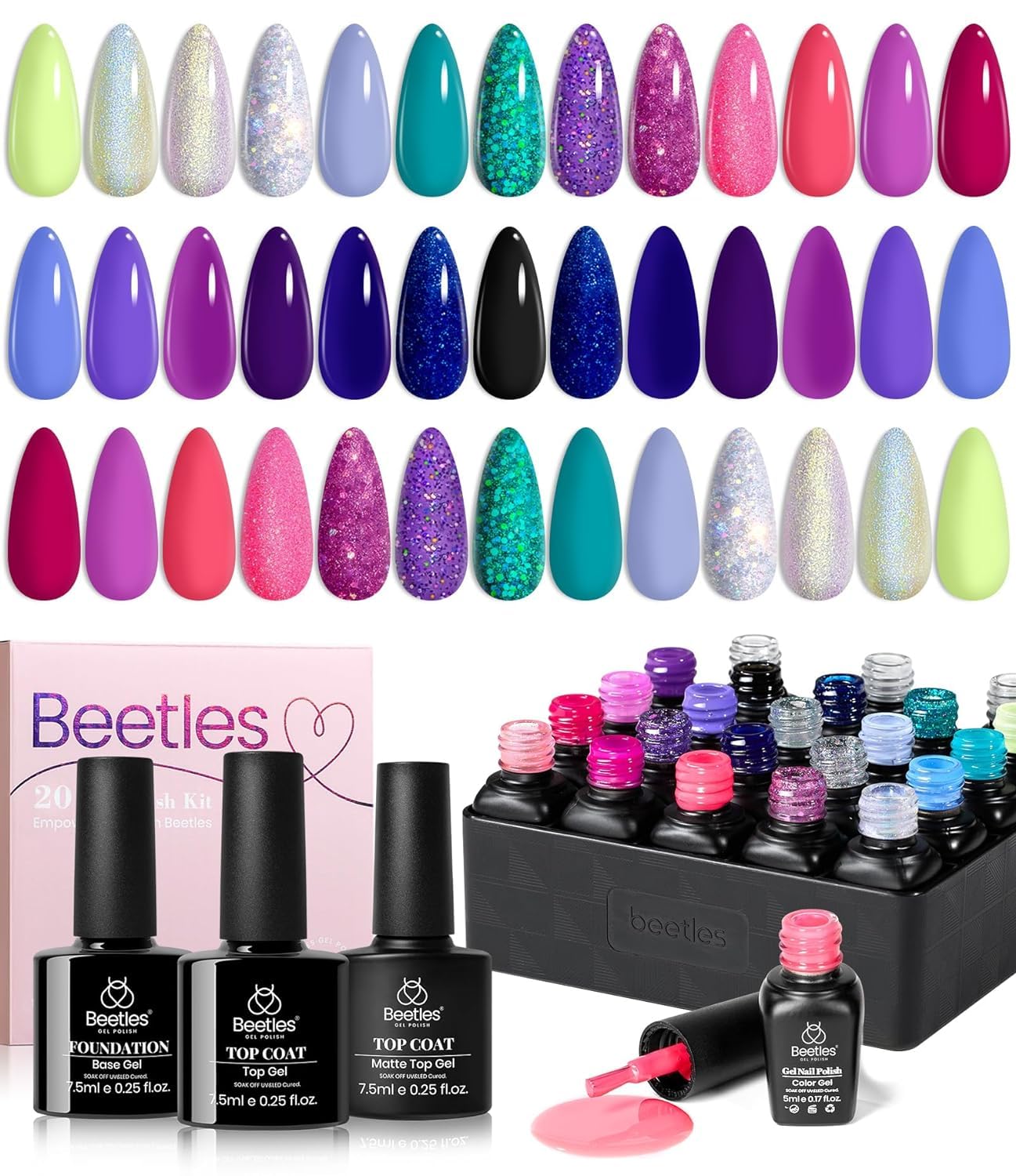Beetles 20 Gel Nail Polish Kit, with Glossy & Matte Top Coat and Base Coat, 4 Glitters and 2 Nail Art Brushes, Midnight Euphoria Collection Soak Off Popular Nail Art Gel Polish Set