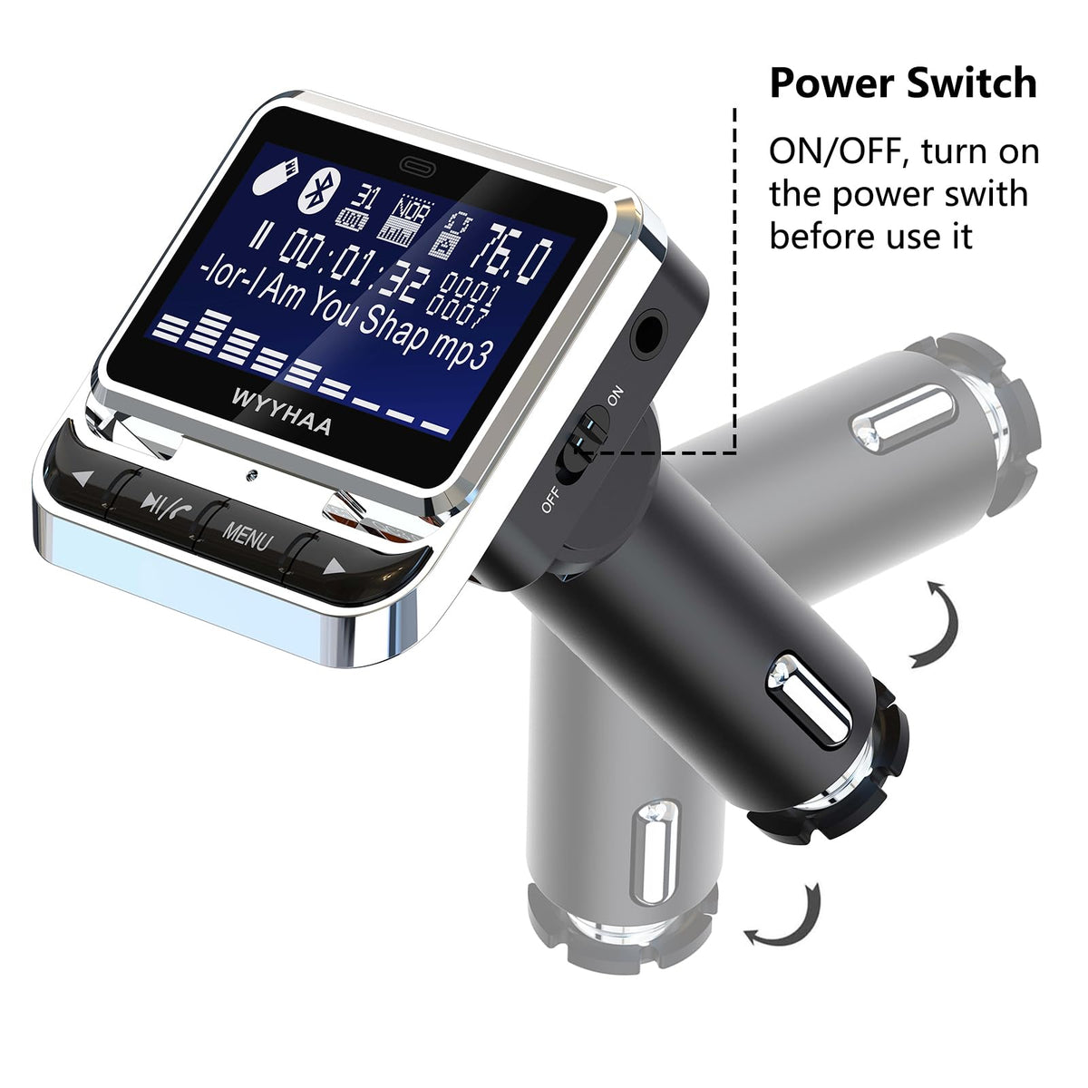 Transmisor FM WYYHAA Bluetooth 5.0 Negro con Reproductor de Música y Cargador para Coche