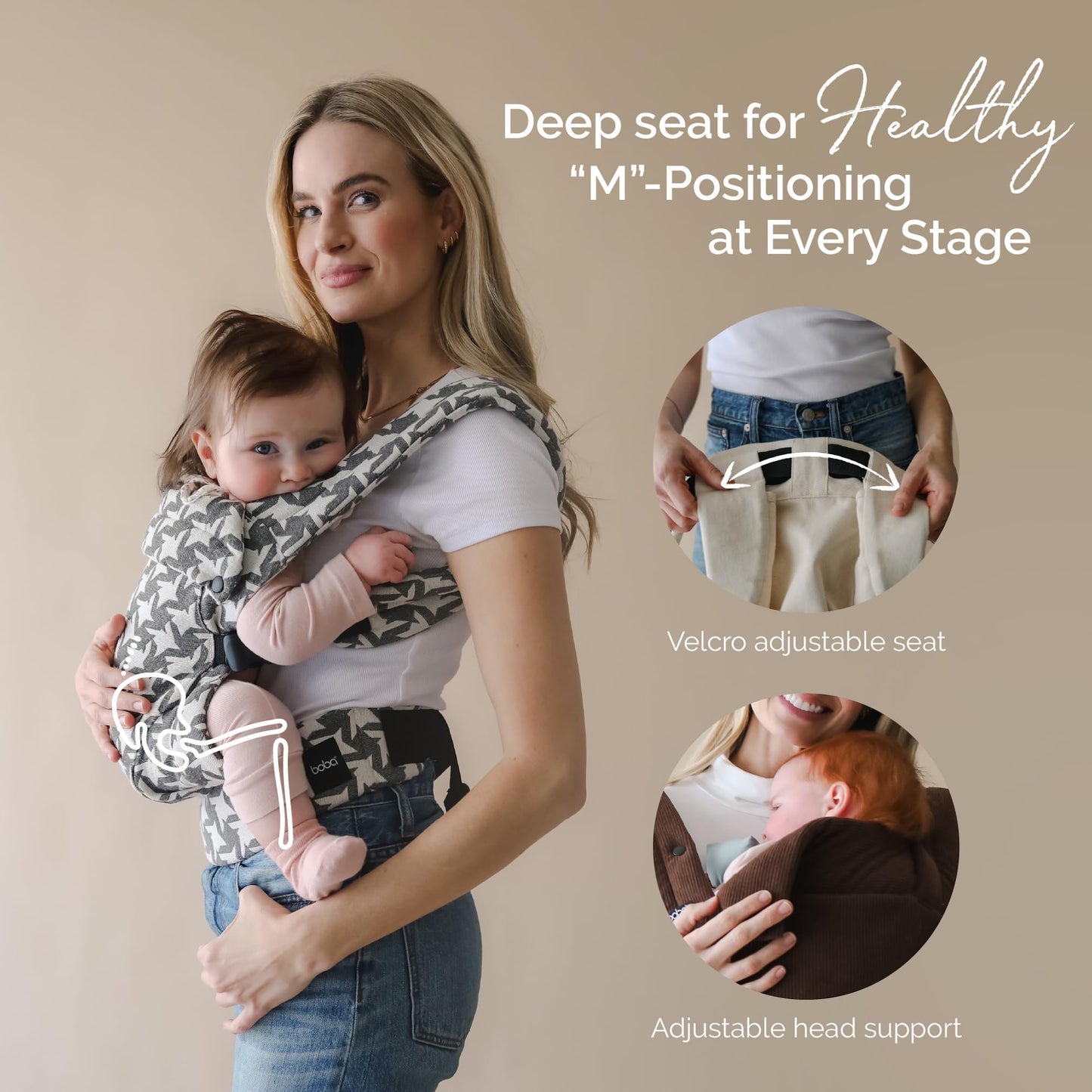 Boba Auri - Portabebés para recién nacidos y niños pequeños, 100% algodón, 3 posiciones ergonómicas (delantera/delantera/trasera), portabebés con posición M con asiento ajustable (7-45 libras), color