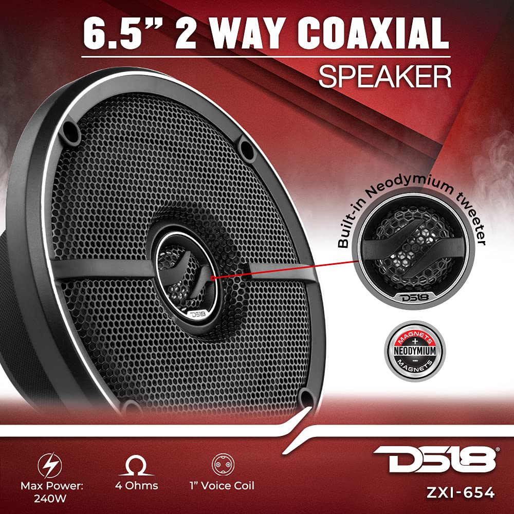 DS18 ZXI-654 - Altavoz coaxial de Audio para Coche (6,5 Pulgadas, con Tweeter de neodimio Integrado y Cono de Kevlar, 2 vías, 240 W, máx. 4 Ohm (2 Altavoces)