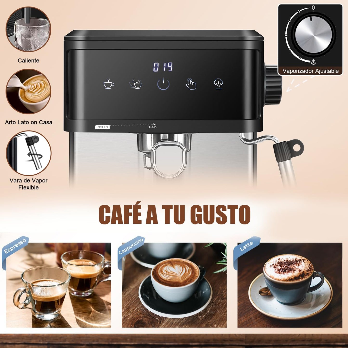 Cafetera Automática de Espresso，Cafetera Espresso y Cappuccino con Espumador de Leche, Pantalla Táctil Máquina de Café Profesional de Capuchinos Mocha y Latte, 1.7L, 20 Bares, 850W