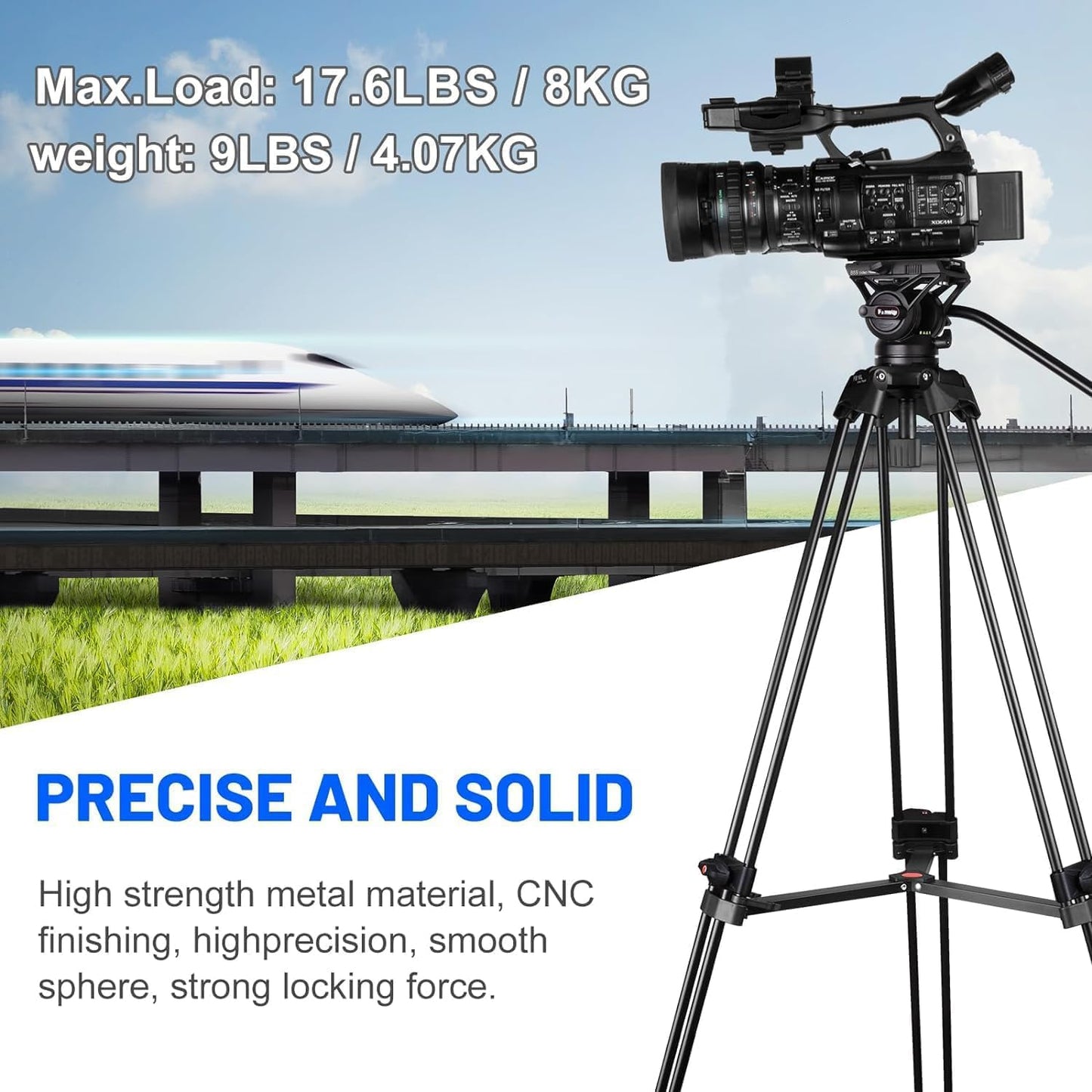 COMAN - Trípode de Video, 74 Pulgadas, Profesional, Resistente, con Placa de liberación rápida y Cabezal de Fluido de 360°, Soporte de trípode de Viaje Alto para DSLR, videocámara, Pata de Tubo Doble