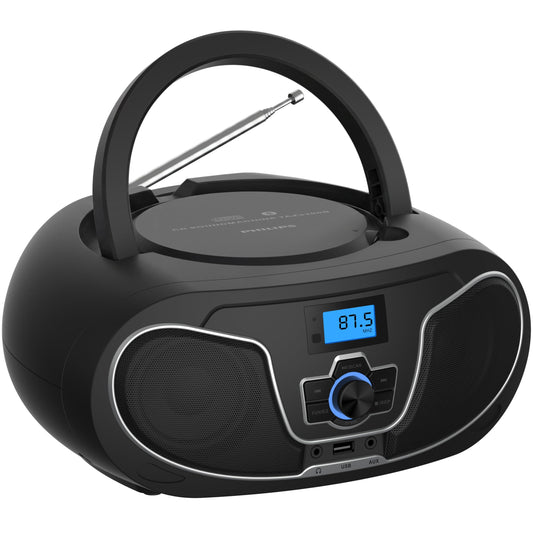 Philips Reproductor de CD Boombox, Dynamic Bass Boost con Bluetooth, radio FM, reproducción USB y entrada AUX, portátil de carga superior, estéreo claro, compatible con RW/MP3 (negro)