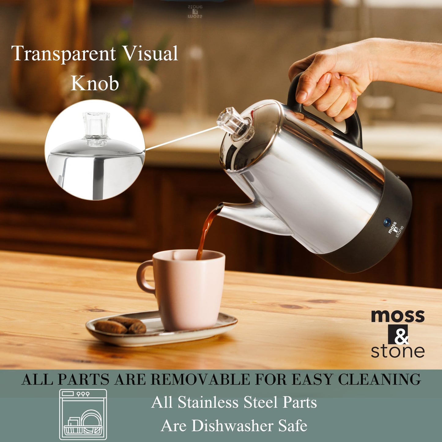 Cafetera eléctrica Moss & Stone de acero inoxidable para 10 tazas, cafetera eléctrica con función de mantener caliente, cafetera eléctrica de acero inoxidable para 10 tazas con cesta para café