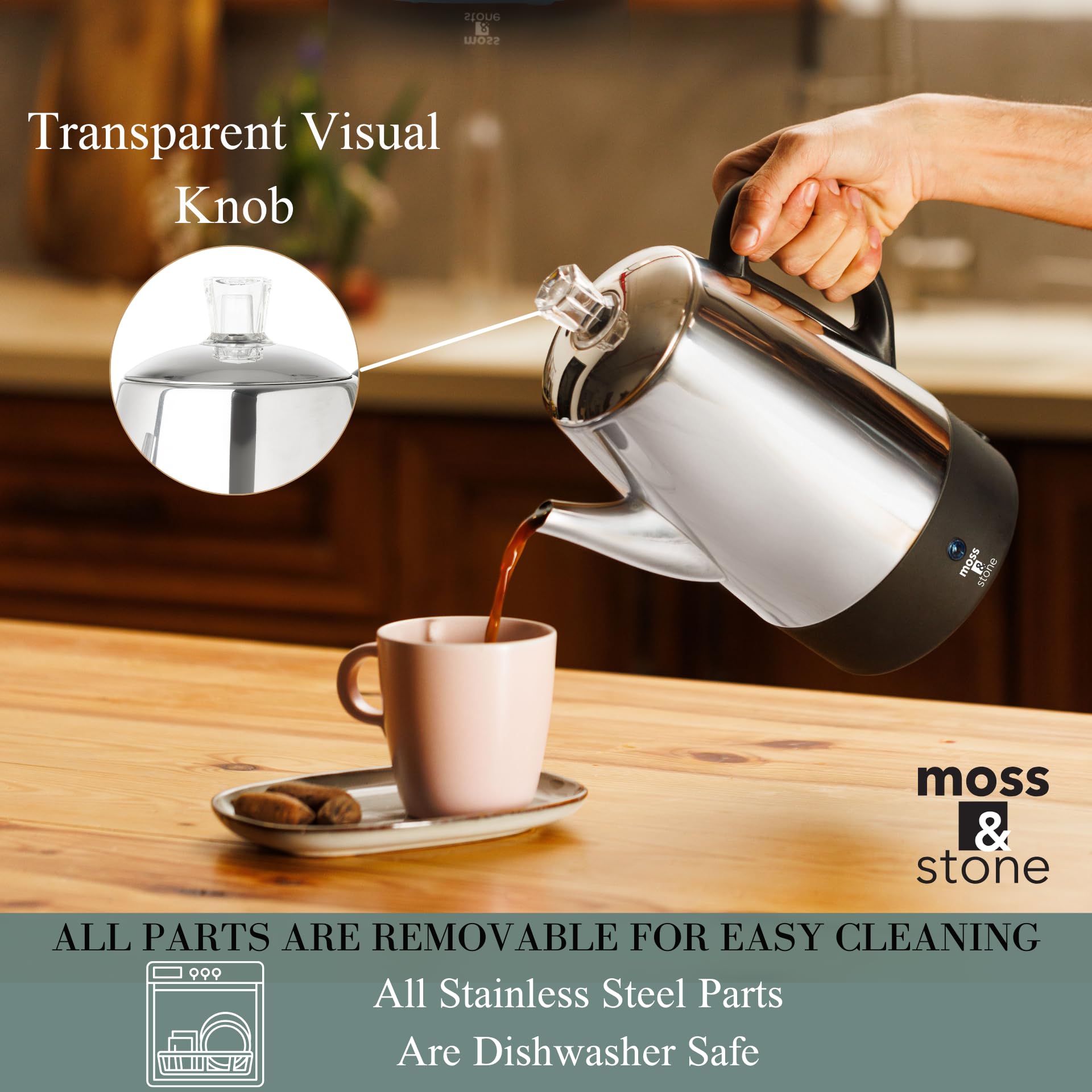 Cafetera eléctrica Moss & Stone de acero inoxidable para 10 tazas, cafetera eléctrica con función de mantener caliente, cafetera eléctrica de acero inoxidable para 10 tazas con cesta para café