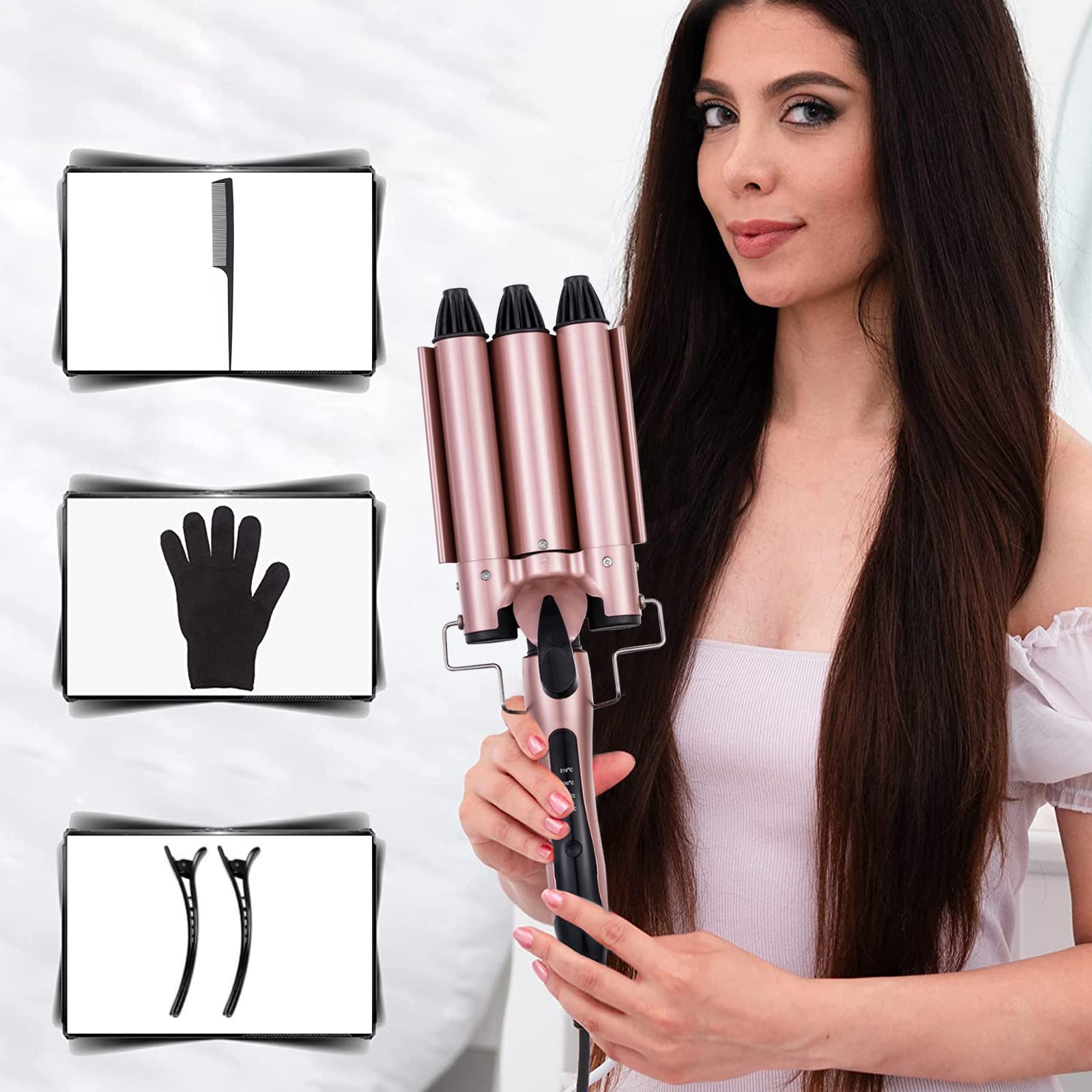 Rizador de Cabello, Rizador de Pelo Profesional con 3 Varillas Temperatura Ajustable, Rizadora para Cabello Triple Tubo de 25mm, se Calienta Rápidamente para Mujer Cabello Largo/Corto y Viajero Rega