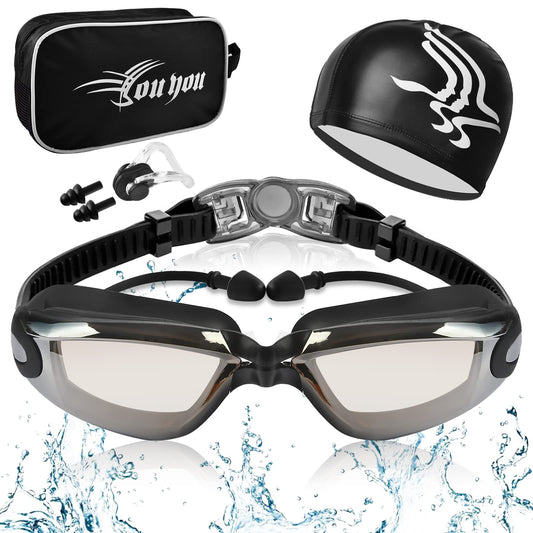 Gafas de Natación, Kit de Natación 5 en 1, Incluye Gafas de Natación, Gorro de Natación, Auriculares y Clips para la Nariz, Bolsa de Natación, Adecuado para Hombres y Mujeres Adultos y Niños Negro