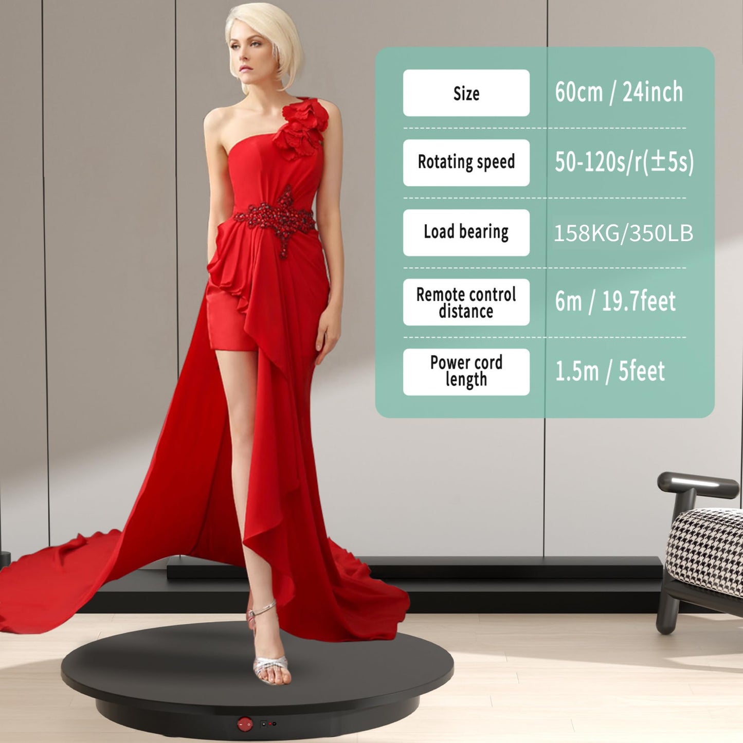 JAYEGT - Soporte de visualización giratorio motorizado, giratorio eléctrico de 360 grados para visualización de productos, video en vivo, ángulo de control remoto, velocidad (negro/23.6 pulgadas/350