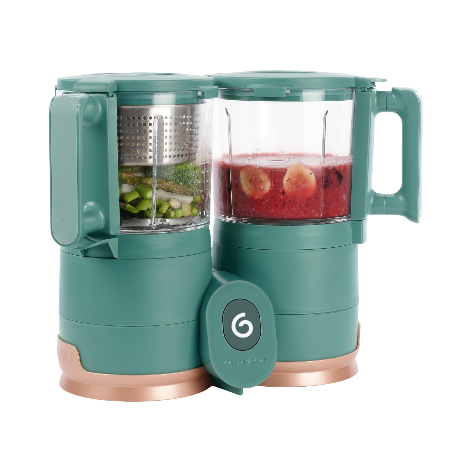 Babymoov Duo Meal de Vidrio 4 en 1: Procesador de Alimentos para Bebés con Vaporizador de Vidrio Incorporado, Cesta de Acero Inoxidable y Licuadora de Vidrio (Capacidad de Más de 6 Tazas), Verde