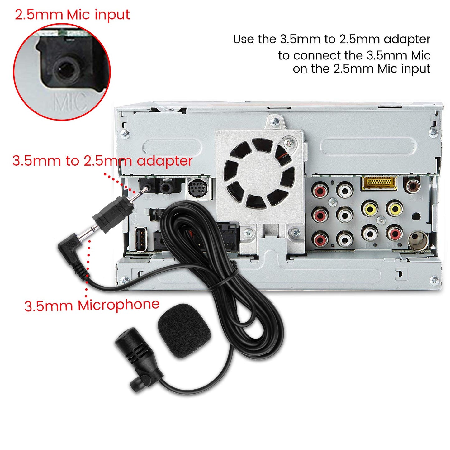 Weishan - Micrófono de coche de 3,5 mm de 15 pies de repuesto para Boss JVC Sony Pioneer unidad principal de vehículo habilitada para radio estéreo CD GPS DVD con adaptador de 2,5 mm