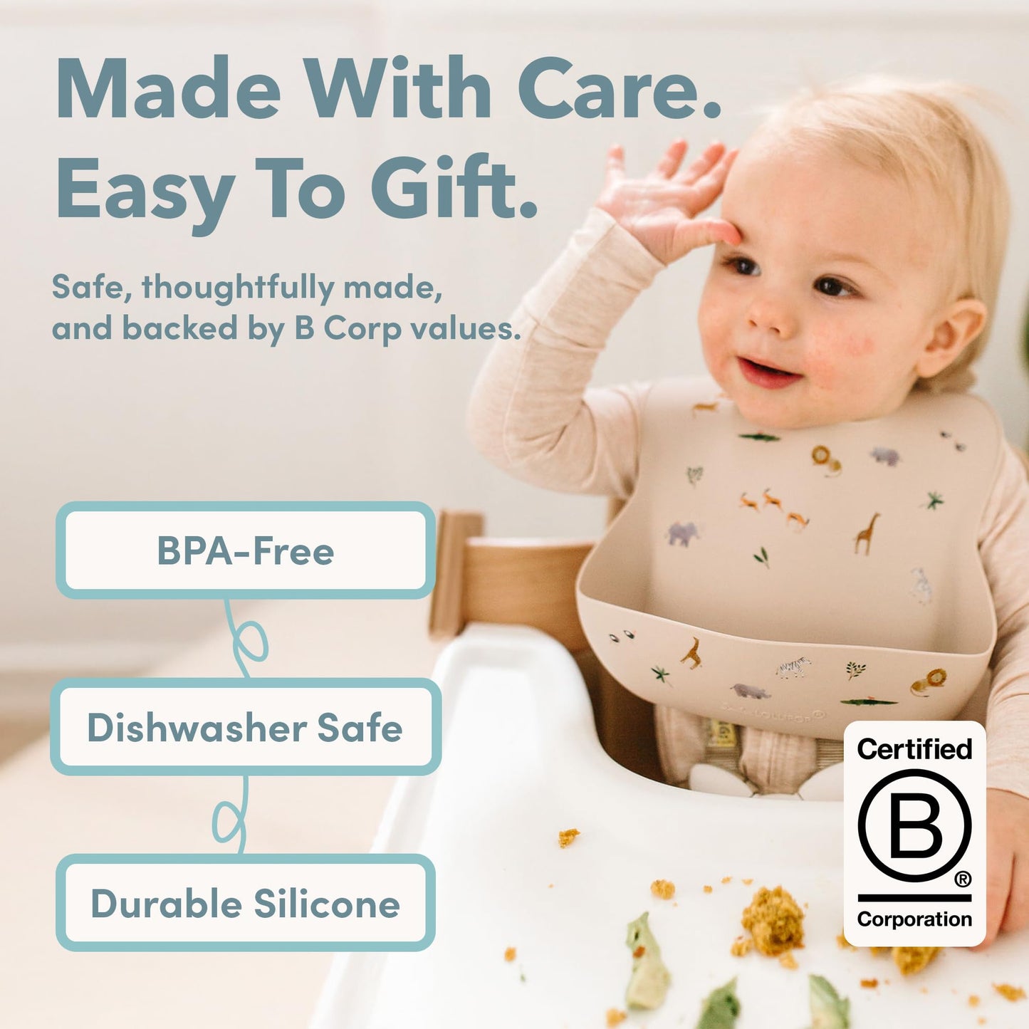 Loulou Lollipop Babero de alimentación de silicona suave e impermeable para bebés y niños pequeños de 3 a 36 meses, fácil de limpiar, ajuste ajustable y bolsa para atrapar todo - Flor blanca