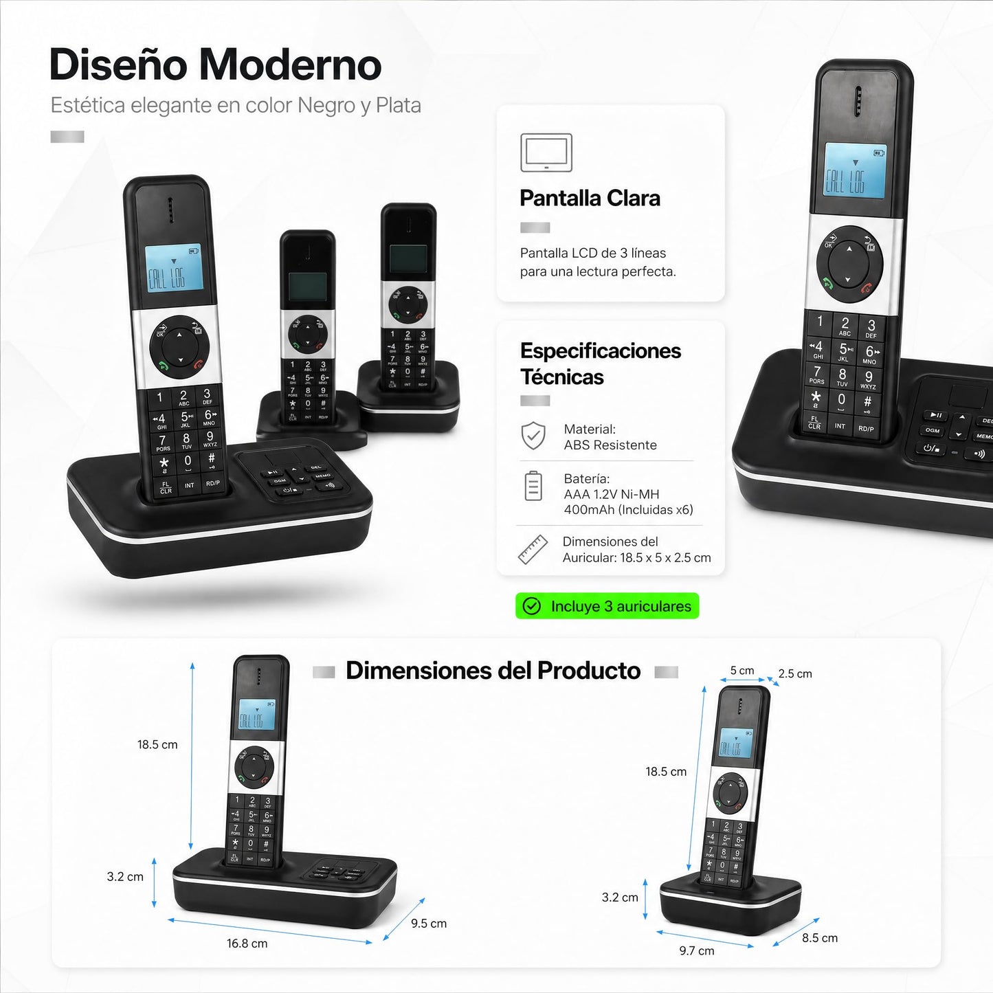 D1002 TAM-T Teléfono Inalámbrico de 3 Auriculares, con Contestador Automático Identificador de llamadas/llamada en espera, Pantalla LCD de 3 líneas de 1,6 pulgadas, Baterías recargables con 16 idiomas