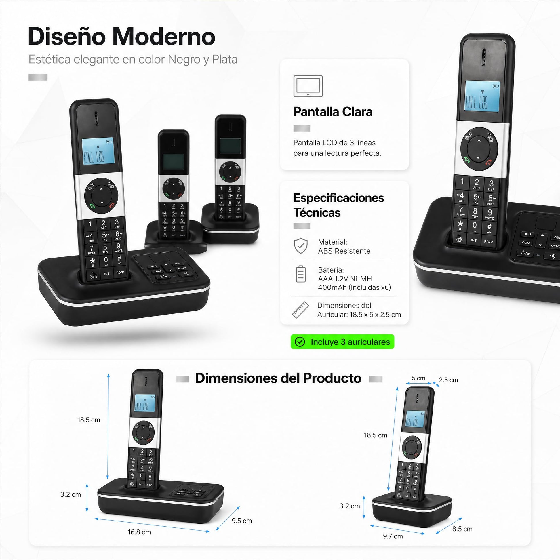 D1002 TAM-T Teléfono Inalámbrico de 3 Auriculares, con Contestador Automático Identificador de llamadas/llamada en espera, Pantalla LCD de 3 líneas de 1,6 pulgadas, Baterías recargables con 16 idiomas