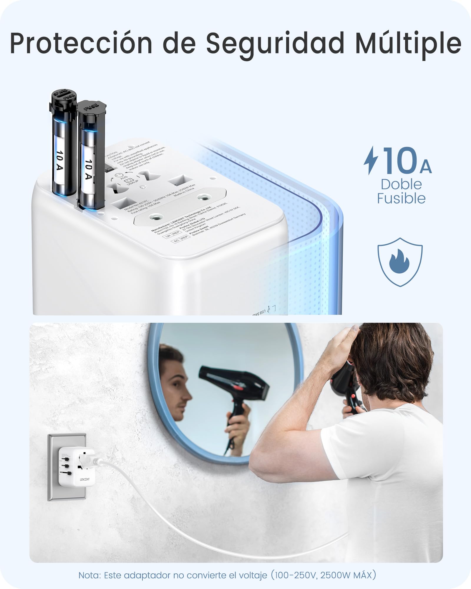 LENCENT Adaptador de Viaje Universal, Cargador Internacional con 3 Puertos USB y PD Tipo-C, para más de 200 países Tipo A/C/G/I (EE. UU, Reino Unido, UE AUS), Blanco