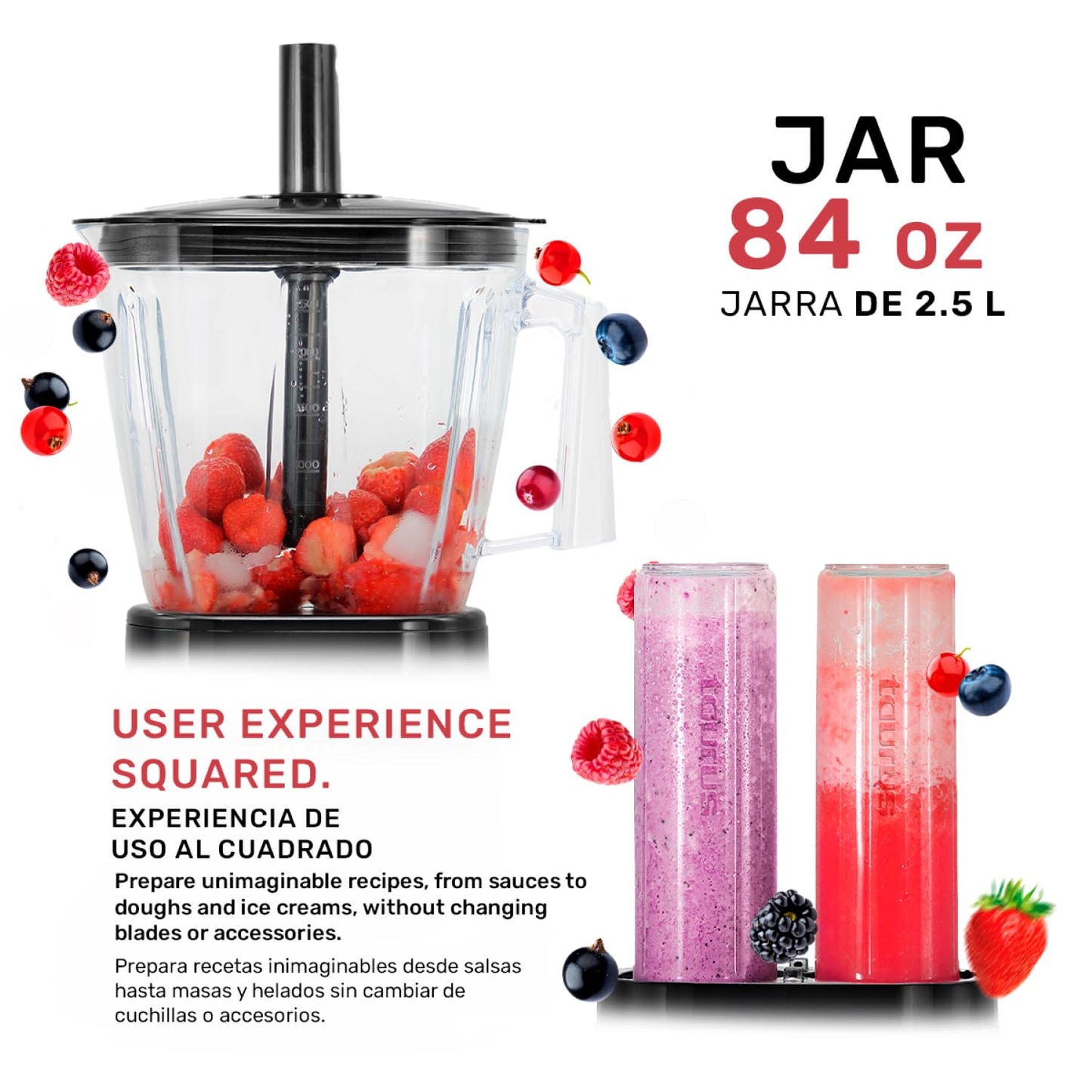 TAURUS BLAZE | Única Licuadora con 2 Motores | 2 Moliendas a la Vez | 2 Veces Más Rápida y Durable | Jarra de 2.5 L + 2 Botellas de Tritan | Sin BPA