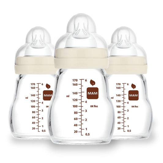 MAM Feel Good - Biberones de vidrio de alta calidad, fácil de cambiar entre pecho y biberón, 5 onzas, 0+ meses, unisex, paquete de 3