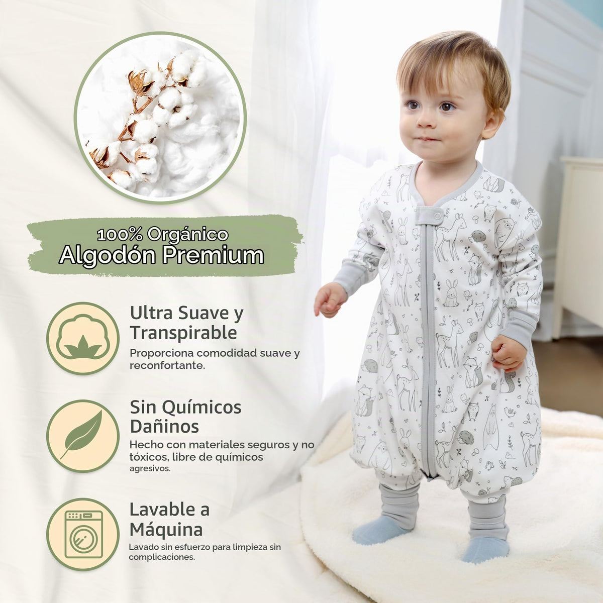 Saco de Dormir para Niños con Pies de Mama Cheetah, Saco de Dormir de Manga Larga 0.5 TOG de Algodón Orgánico para Bebés con Patas, Manta Portátil para Caminantes con Cremallera de 2 Vías, Manta para
