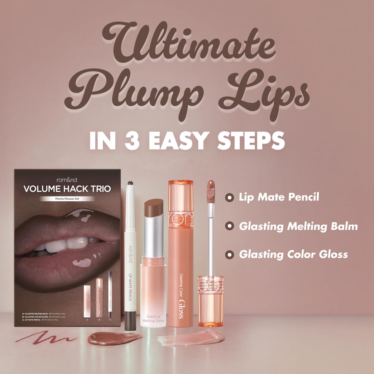 rom&nd Set de labios Volume Hack Trio Mocha Mousse | Brillo voluminizador, bálsamo hidratante y delineador suave de K-Beauty | Consigue labios definidos y brillantes para looks virales.