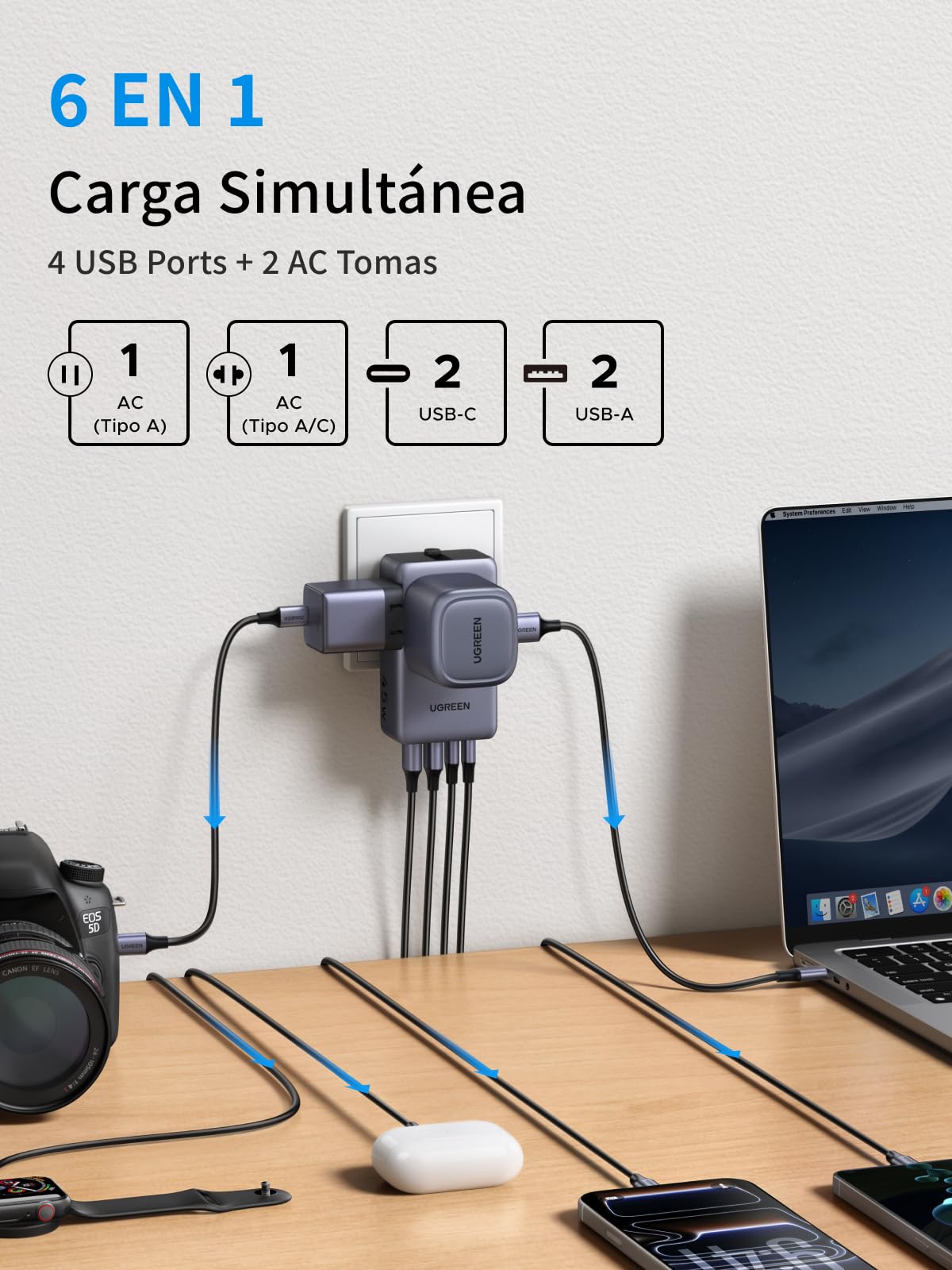Adaptador Universal de Viaje UGREEN Europeo PD 45W GAN 6 en 1