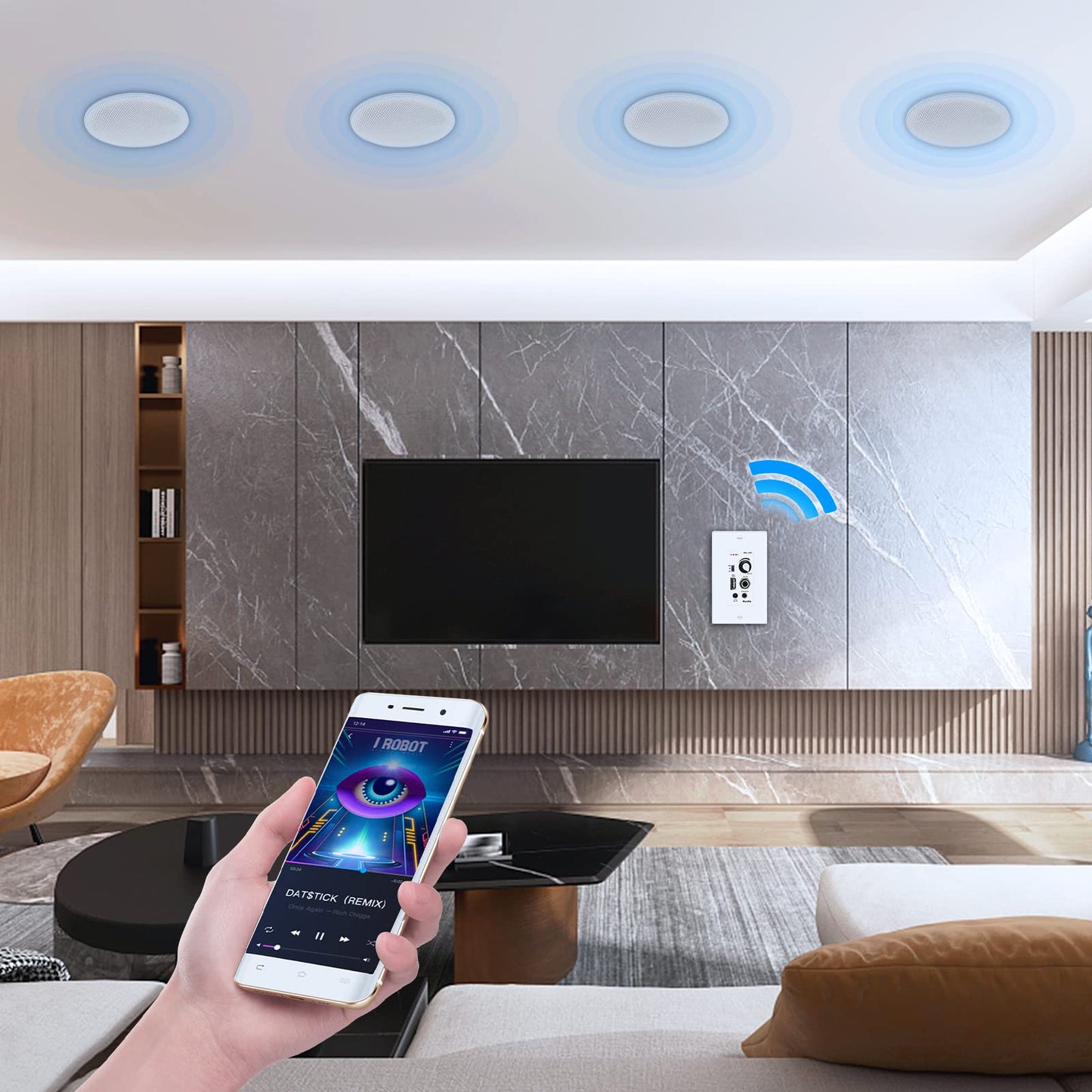 Herdio 6.5'' Bluetooth en la Pared en el Techo Altavoces 600W 2-Way Flush Mount Sistema de Altavoces con Amplificador de Pared Receptor para Cine en Casa Oficina Baño(2Pares, Paintable-Grille)