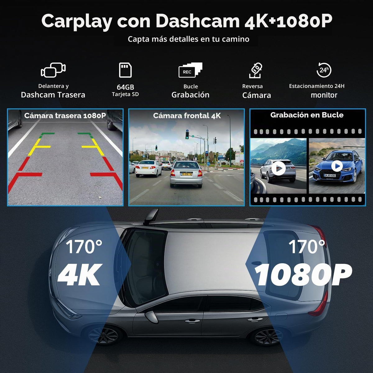 Visualización Carplay Volam 9.26 Pulgadas Negro con Cámara de Salpicadero 4K Compatible con Apple Carplay y Android Auto