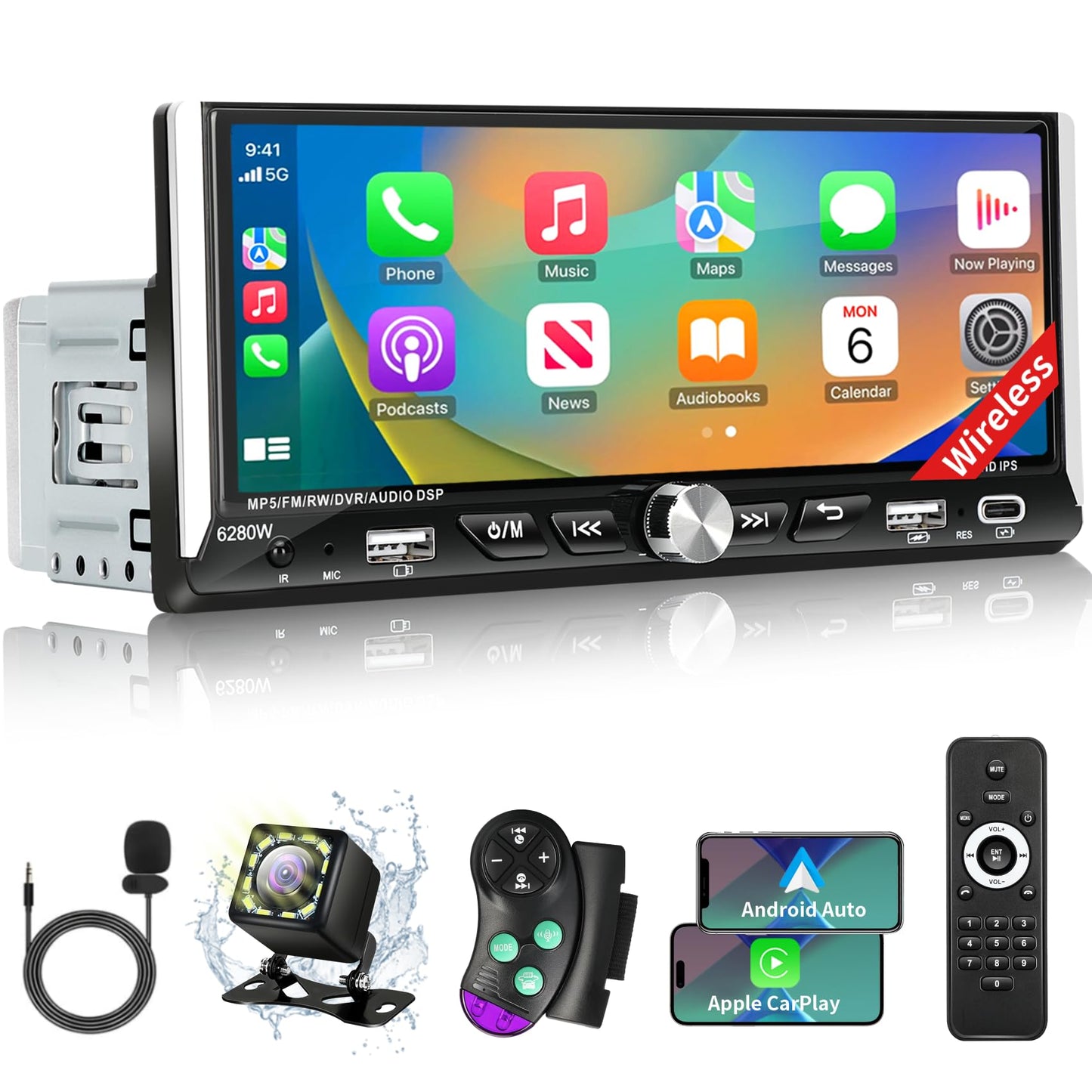 Sobalai Estéreo de Coche de un Solo DIN con Carplay & Android Auto