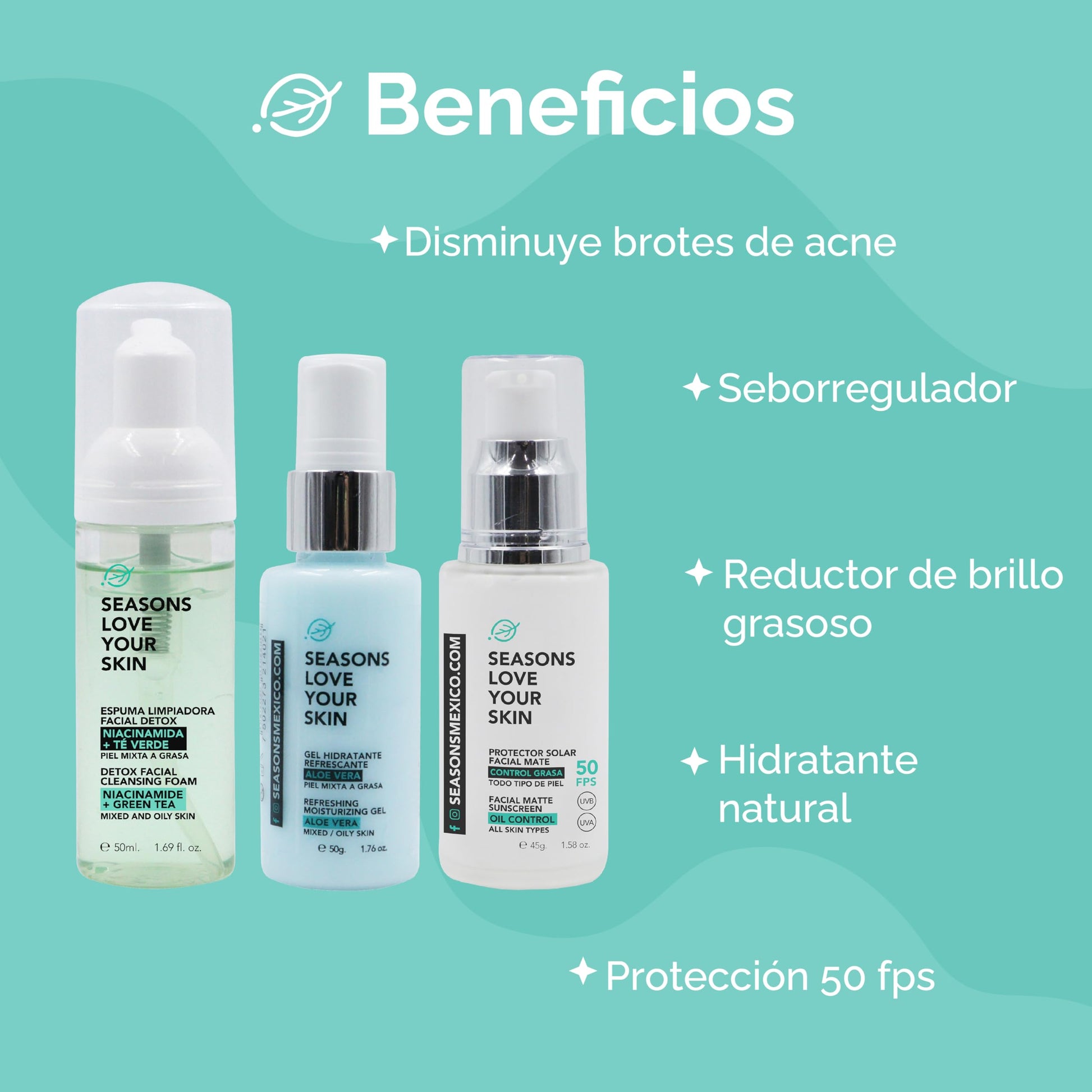 Kit Rutina Facial Skincare Control Grasa Tratamiento Antiacné | Espuma limpiadora Facial + Hidratante Aloe Vera + Bloqueador Niacinamida