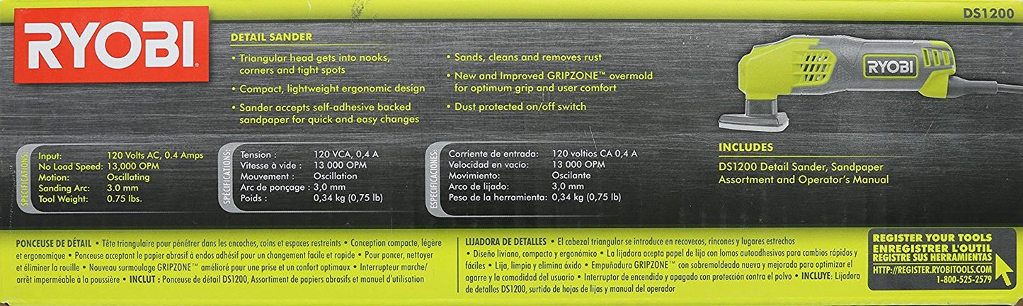 Ryobi DS1200 - Lijadora de detalles con cabeza triangular y 5 almohadillas para orejas de lijado con cable DS1200, 13.000 OBM, con cable de 2-7/8 pulgadas