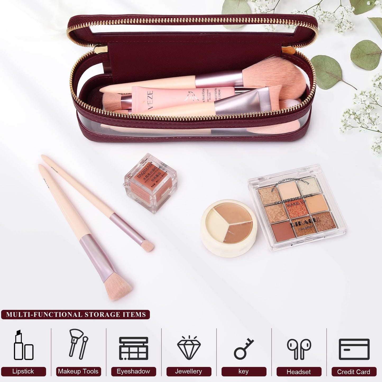 Pinkmik - Estuche para brochas de maquillaje transparente de viaje y neceser, bolsa de maquillaje pequeña con cierre, organizador para mujer, B2/Borgoña, SLIM-1