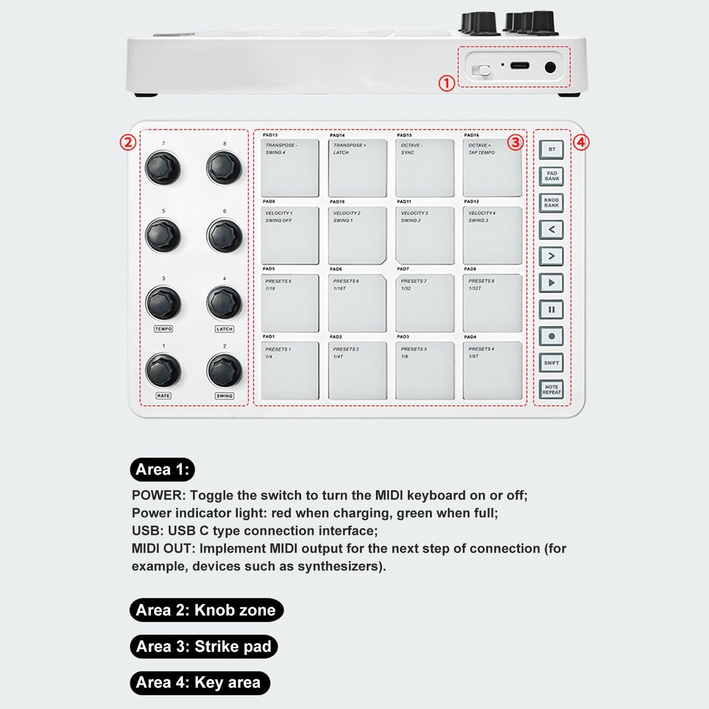 Controlador MIDI Pad Uzelia Negro Creador de Ritmos Portátil con 16 Beat Pads Retroiluminados RGB y 8 Perillas Asignables para Mac, iOS y Android