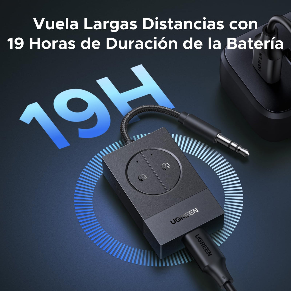 Transmisor Bluetooth 5.4 UGREEN Negro con Batería 19h para Avión