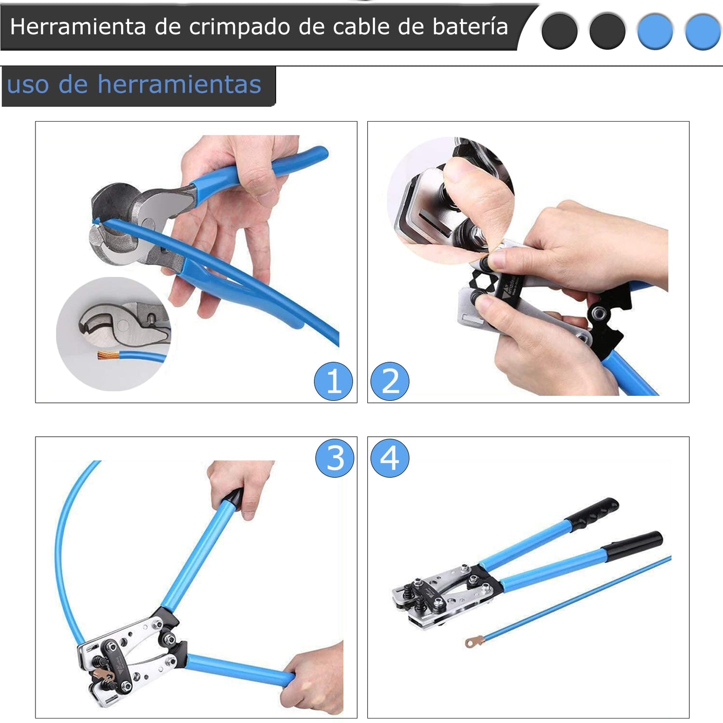 Herramienta de crimpado de cable de bateria, Crimpadora de Cable de Bateria con Cortador de Cables, Herramienta de crimpado para terminales de alambre resistentes de 8, 6, 4, 2, 1, 1/0 AWG