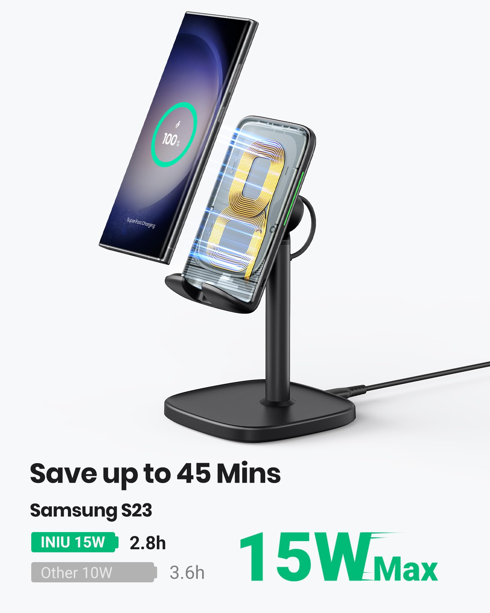 INIU Cargador Inalámbrico Rápido,15W Qi-Certified Wireless Charger Estación Compatible para iPhone 15 14 13 12 11 Pro MAX Samsung Galaxy S22 S21 S20 Google Piexl