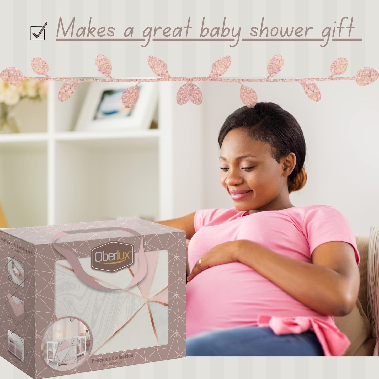 OBERLUX Juego de ropa de cama para cuna para niñas, juego de cama de 4 piezas, geométrico, oro rosa, rosa polvo y mármol, colección preciosa
