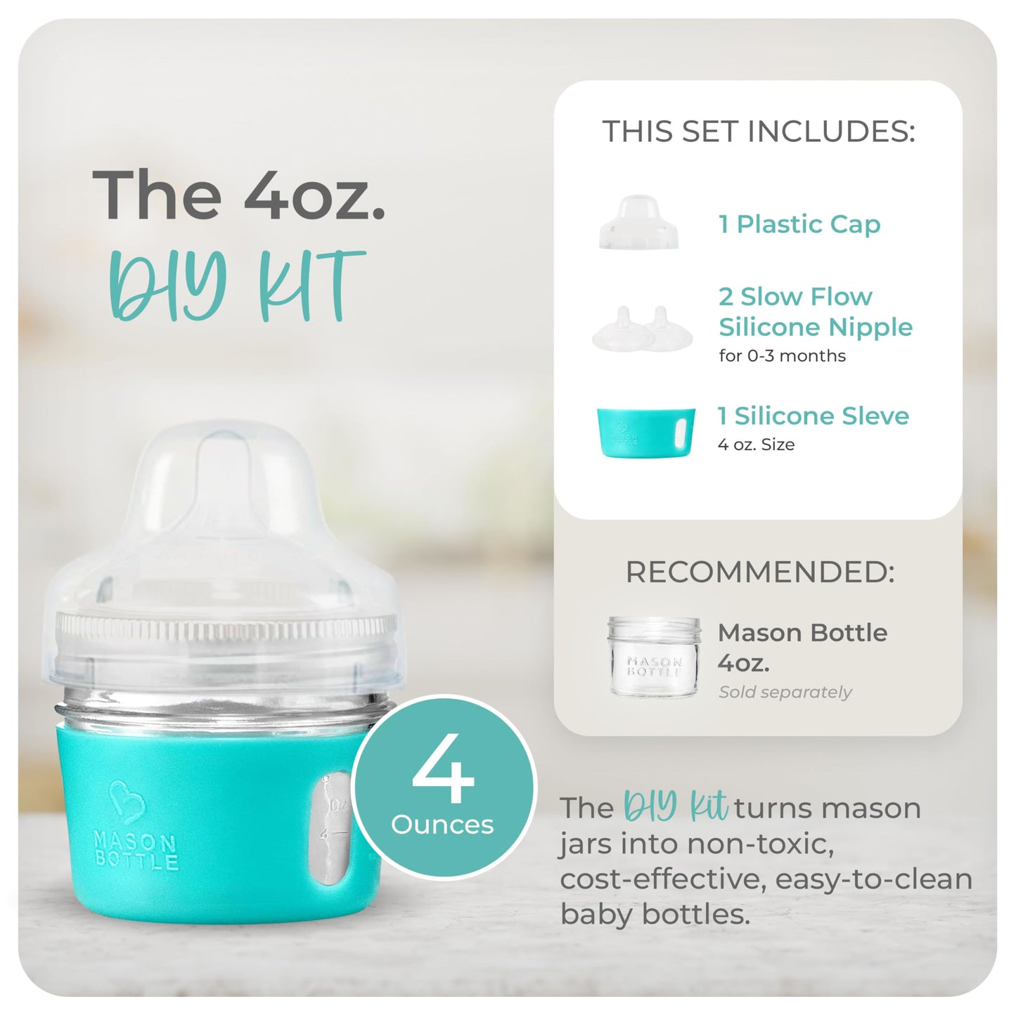 Mason Bottle DIY Kit (4 oz. Kit, Agave) Includes Silicone Sleeve, 2-Silicone Nipples, and Plastic Cap by Mason Bottle