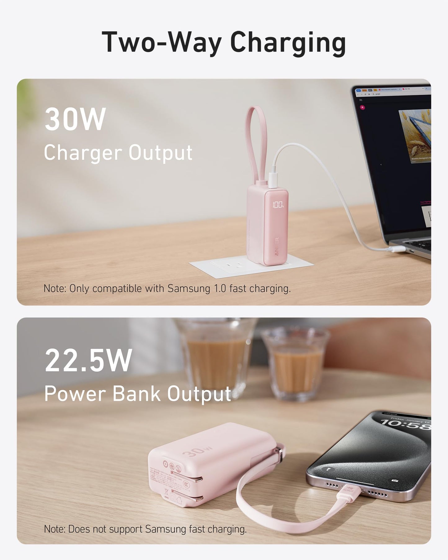 Power Bank Anker USB-C Negro 5,000 mAh con Cable Integrado y Enchufe Plegable 30W para Hombre
