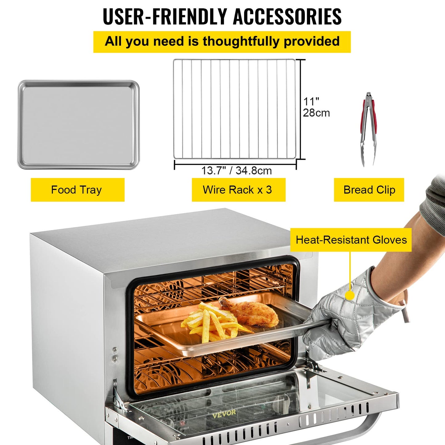 VEVOR - Horno de convección comercial, 21 l/19 cuartos de galón, encimera de horno convencional de un cuarto de tamaño, tostador de 3 niveles de 1440 W con puerta frontal de vidrio, horno eléctrico