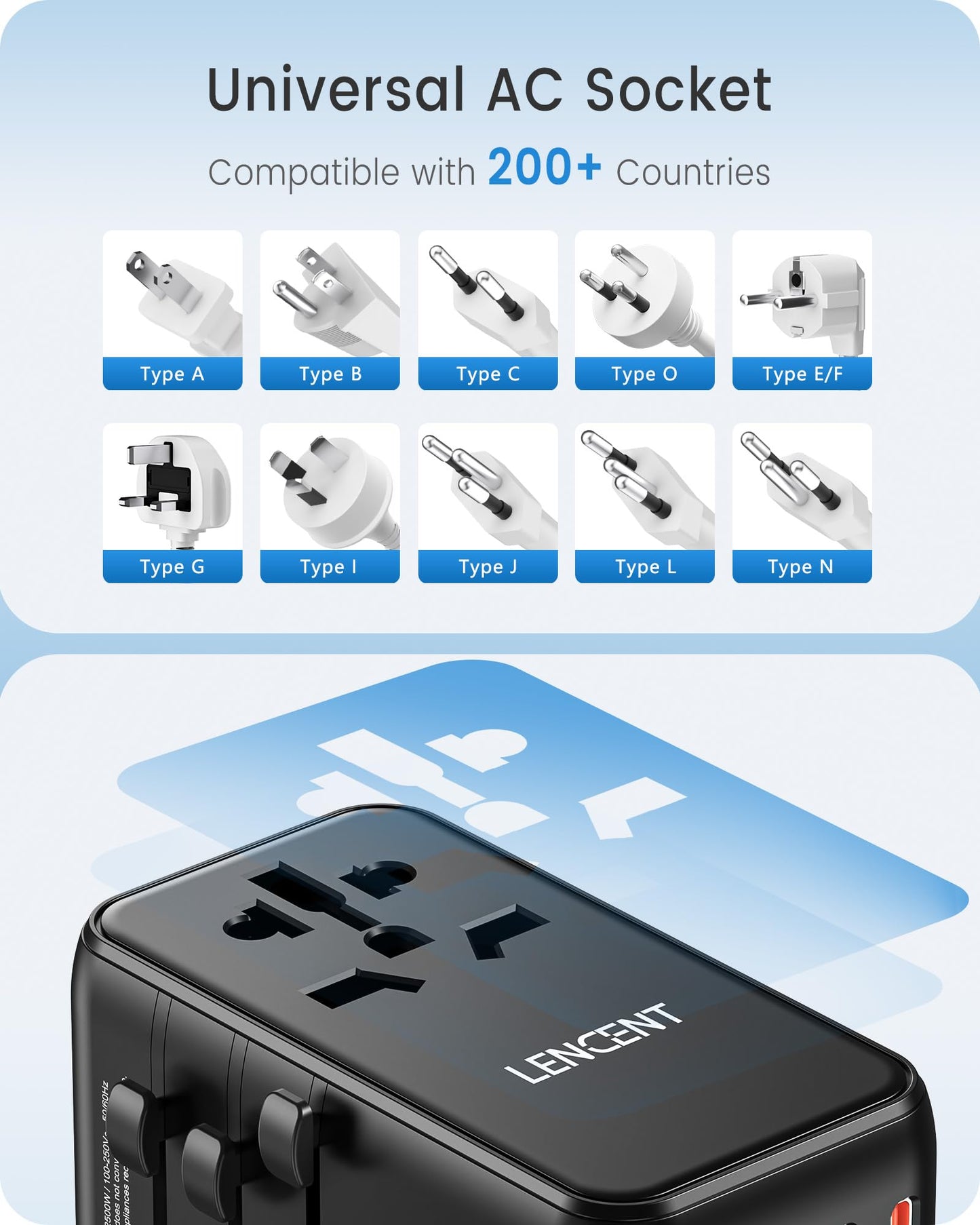 LENCENT Adaptador Universal de Viaje, GAN III 100W Adaptador Internacional con 2 USB QC4.0&2 USB-C PD3.0 Carga Rápida, Cargador Mundial para Teléfono Móvil, Portátil, Negro