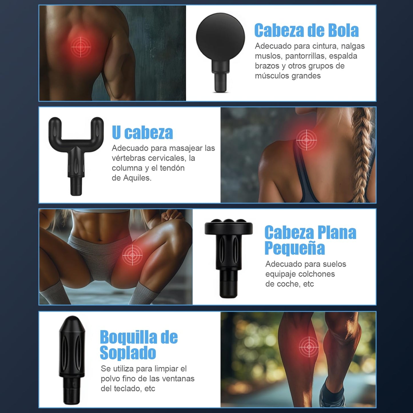 Pistola de Masaje Muscular，De mano y portátil masajeado，con 4 cabezales, 6 engranajes de masaje ajustables.Pistola de masaje muscular profundo