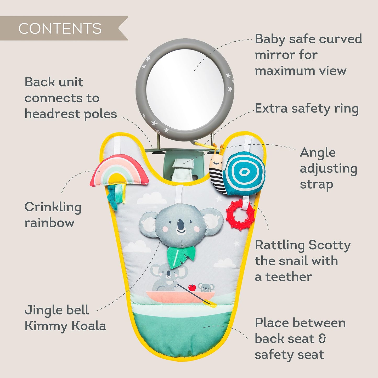 Taf Toys Koala in-Car Play Centre Parent and Baby's Travel Companion, Keeps Both Relaxed While Driving. Car Activity Centre with Mirror to Watch Baby from Driver's Seat, for and up